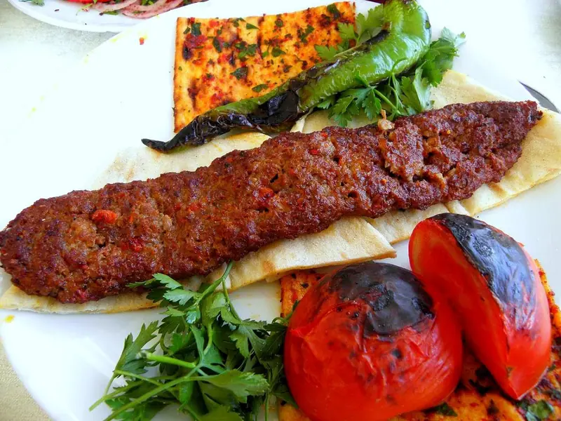 Et langt grillet kebabspyd af hakket kød på fladbrød med sværtede tomater, en grillet grøn peberfrugt, frisk persille og krydret fladbrød.