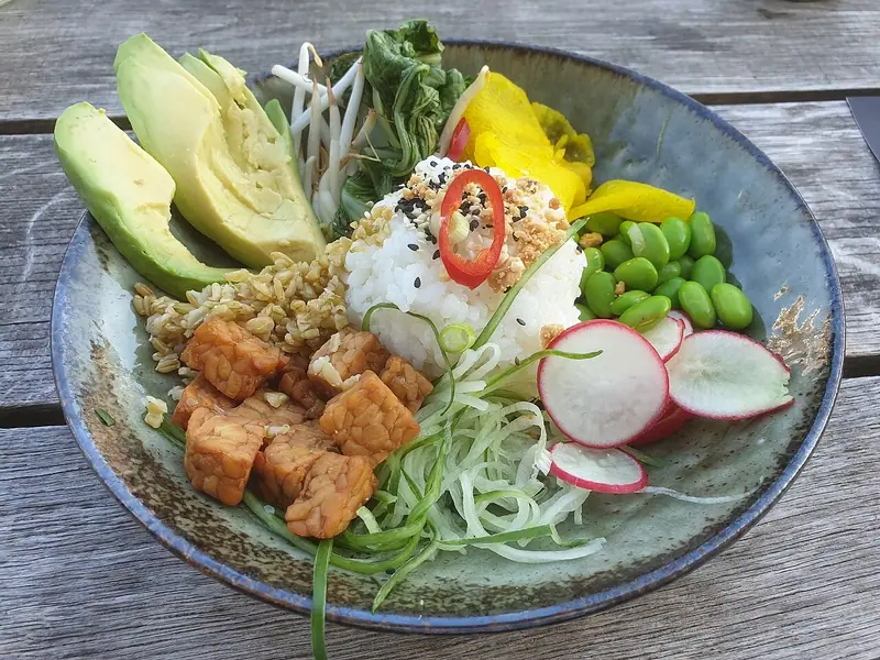 Keramikschüssel mit Reis, garniert mit Chili und Sesam, dazu Tempeh-Würfel, Avocado, Edamame, Radieschen, Sprossen, Pak Choi und eingelegte Paprika