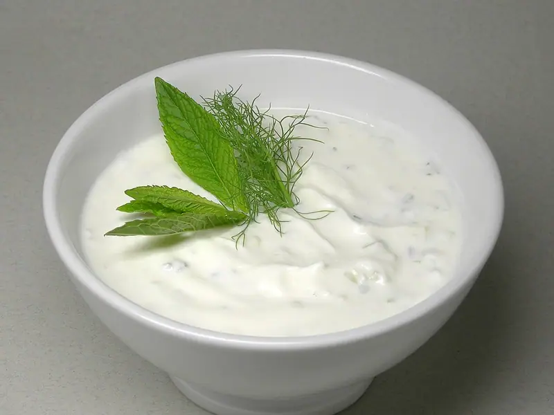 Creamy white yogurt and cucumber dip in a white bowl, garnished with fresh mint leaves and a sprig of dill, on a grey surface.