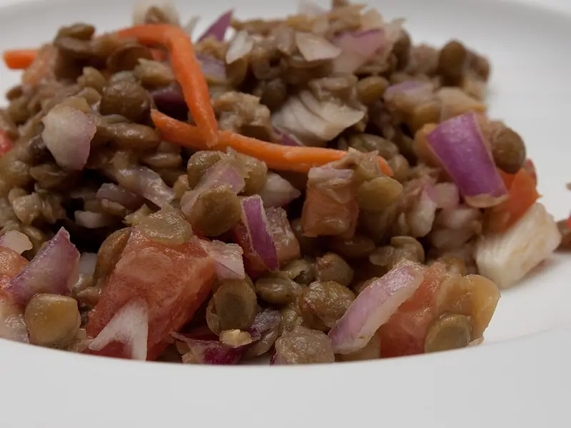 Green lentil salad with diced tomato, chopped red onion and thin carrot strips, piled on a white plate.