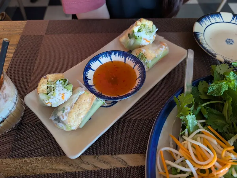 Rolinhos primavera frescos com tofu cortados ao meio em um prato branco com uma tigelinha de molho de pimenta, ao lado de uma salada de ervas, cenoura e nabo daikon.