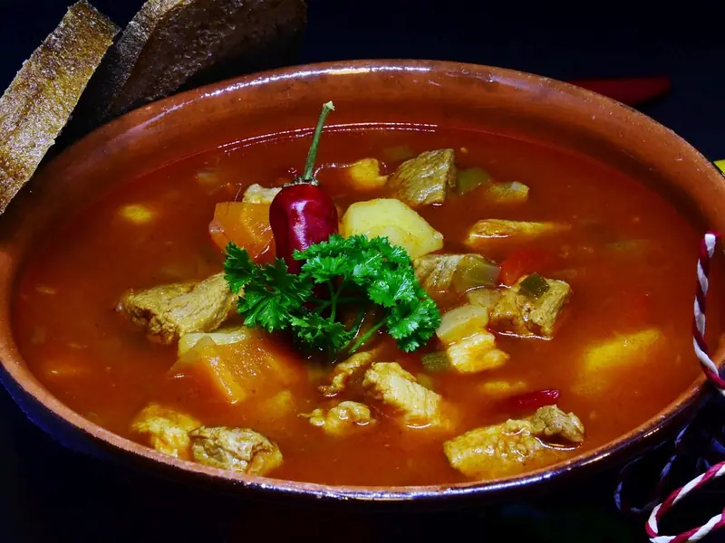 Rote Paprikasuppe mit Fleischstücken, Kartoffeln und Karotten in einer Terrakottaschale, garniert mit einer roten Chilischote und Petersilie, dazu Roggenbrotscheiben.