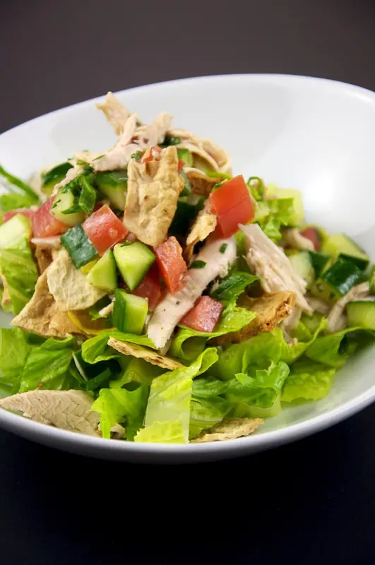 Hvid skål med snittet romainesalat toppet med revet kylling, tern af tomat og agurk, friske krydderurter og sprøde stykker ristet pitabrød.