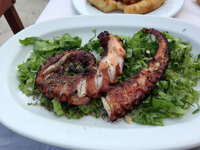 Charred grilled octopus tentacles sprinkled with dried oregano on shredded lettuce and dill, served on a white oval platter.