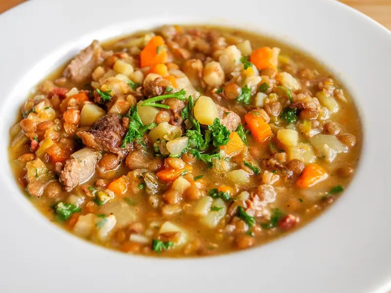 Lentil stew with chunks of meat, potato, carrot and onion in a light broth, topped with chopped parsley in a white bowl.