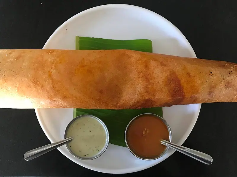 En lang, gyllen, rullet dosa på et bananblad og en hvit tallerken, med små stålskåler med kokoschutney og sambar med skjeer.