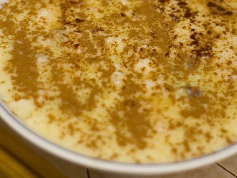 Creamy rice pudding in a white bowl with a blue rim, its surface heavily dusted with ground cinnamon.