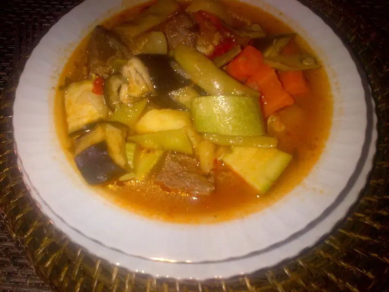 A white bowl of brothy tomato stew with eggplant, zucchini, green beans, carrots, potato and chunks of beef on a woven placemat.