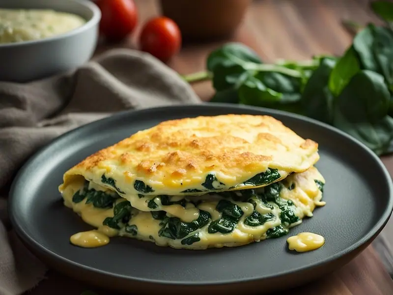 Złożony złocisty omlet z roztopionym serem i posiekanym szpinakiem na ciemnym talerzu, w tle pomidorki koktajlowe i świeży szpinak.