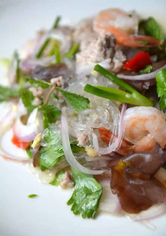 Glasnudelsalat med rejer, hakket svinekød, judasøre-svampe, rødløg, rød chili, forårsløg og koriander på en hvid tallerken